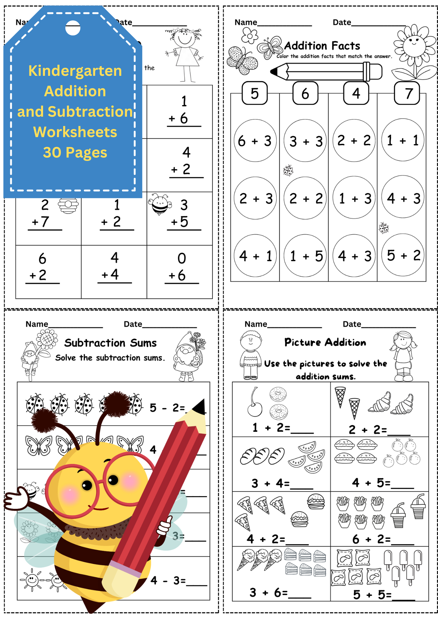 addition and subtraction worksheets kindergarten