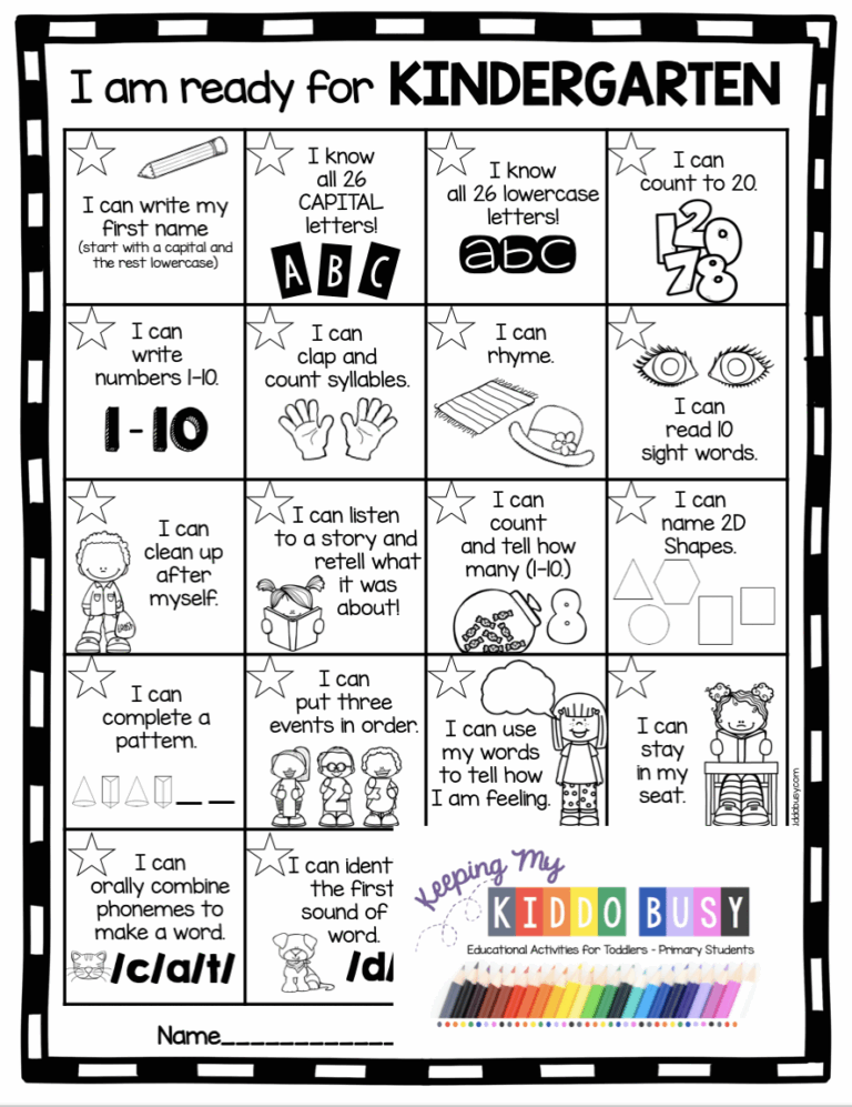 KINDERGARTEN ROUND UP Kindergarten Readiness Checklist And Curriculum Free Activities