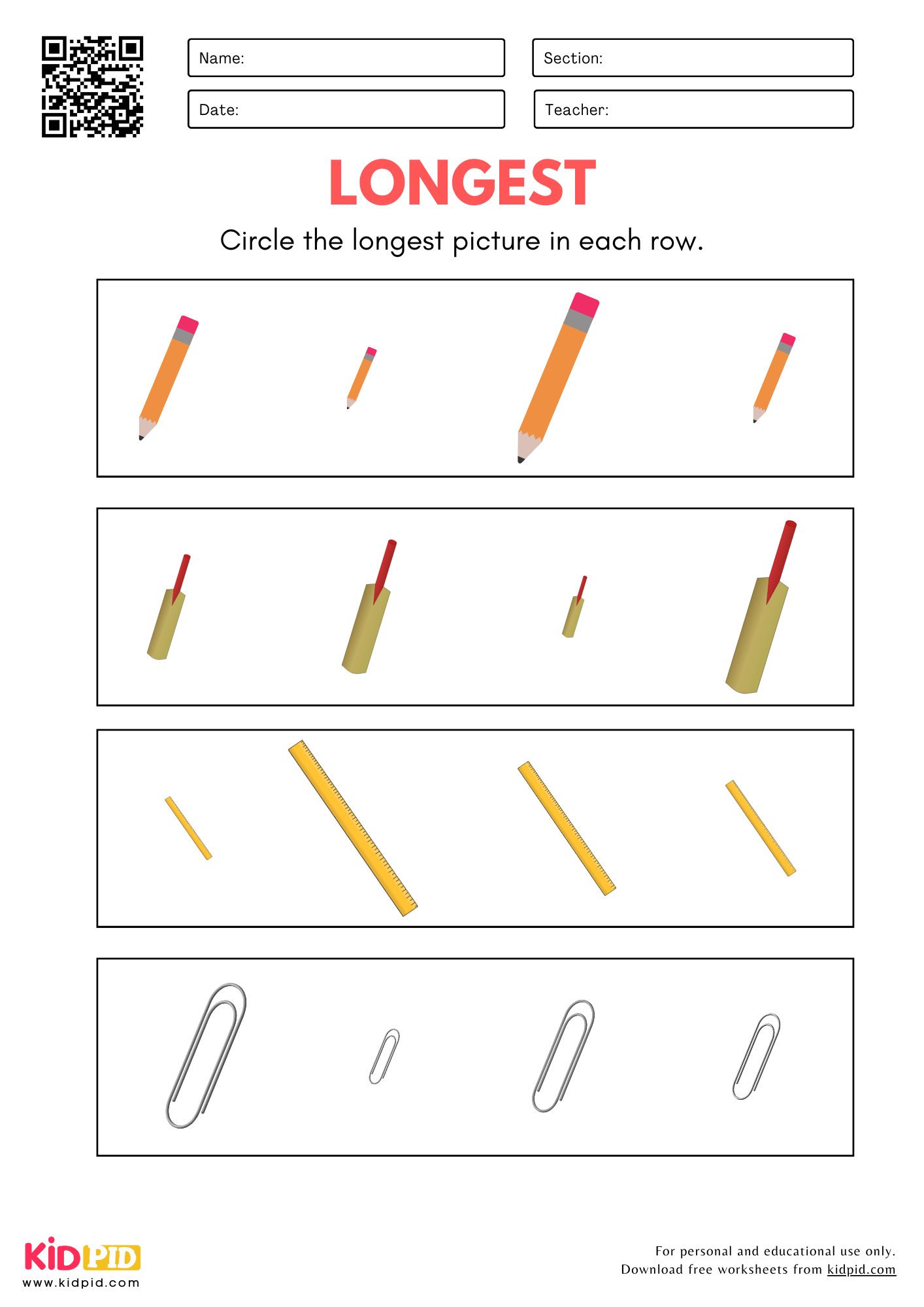 Longest And Shortest Size Comparison Worksheet For Kindergarten Kidpid