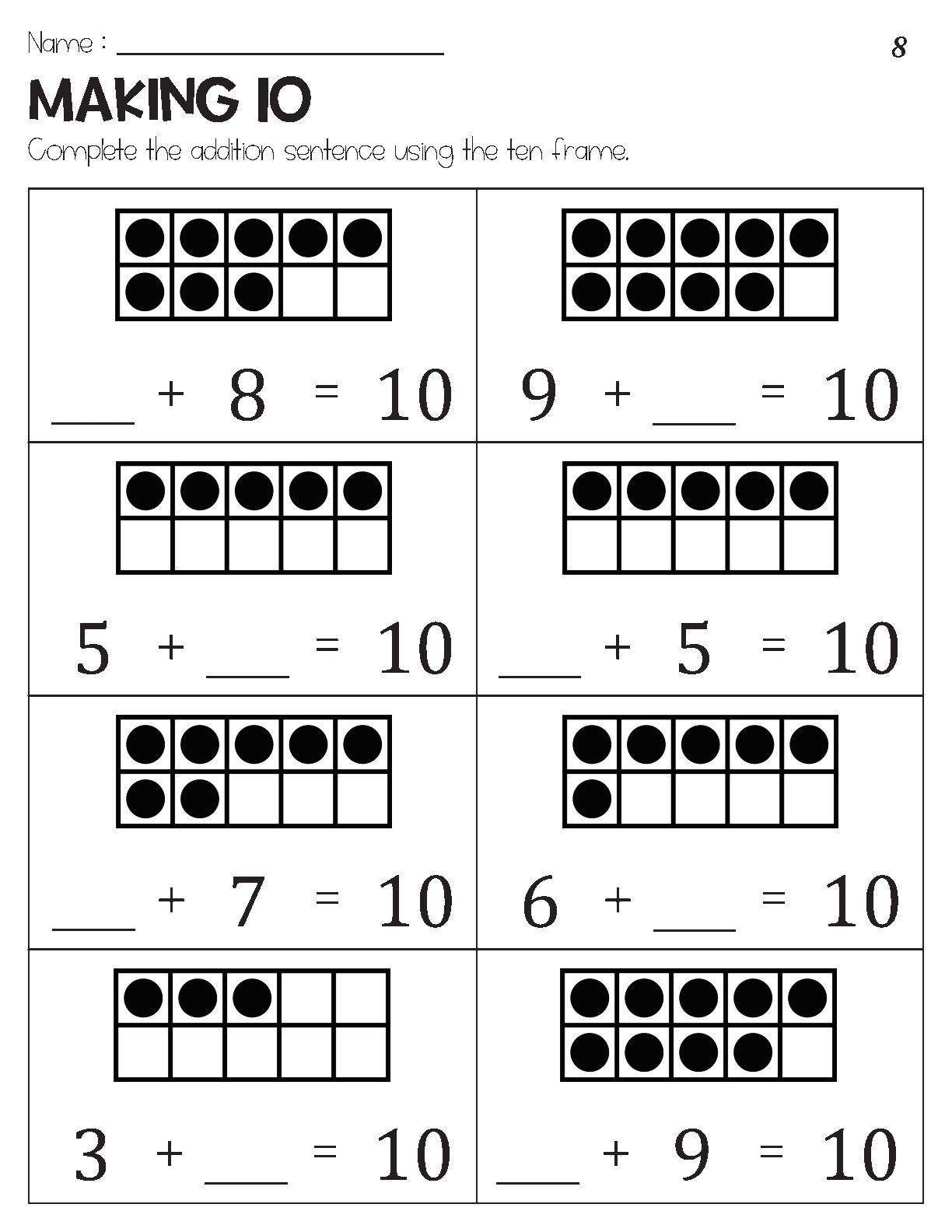 ten frame addition worksheets