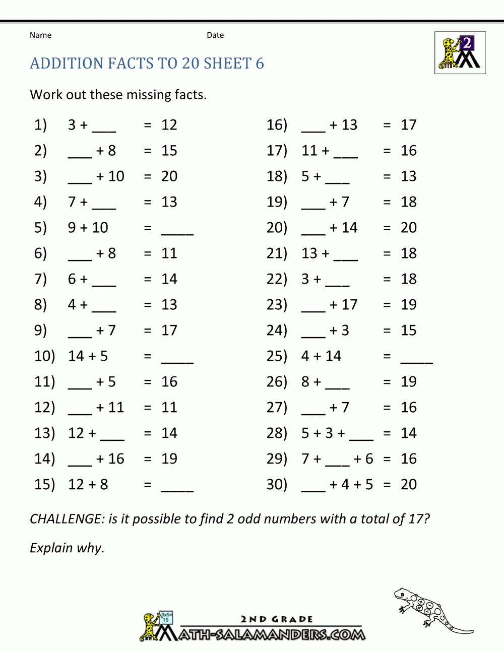 addition math facts worksheet