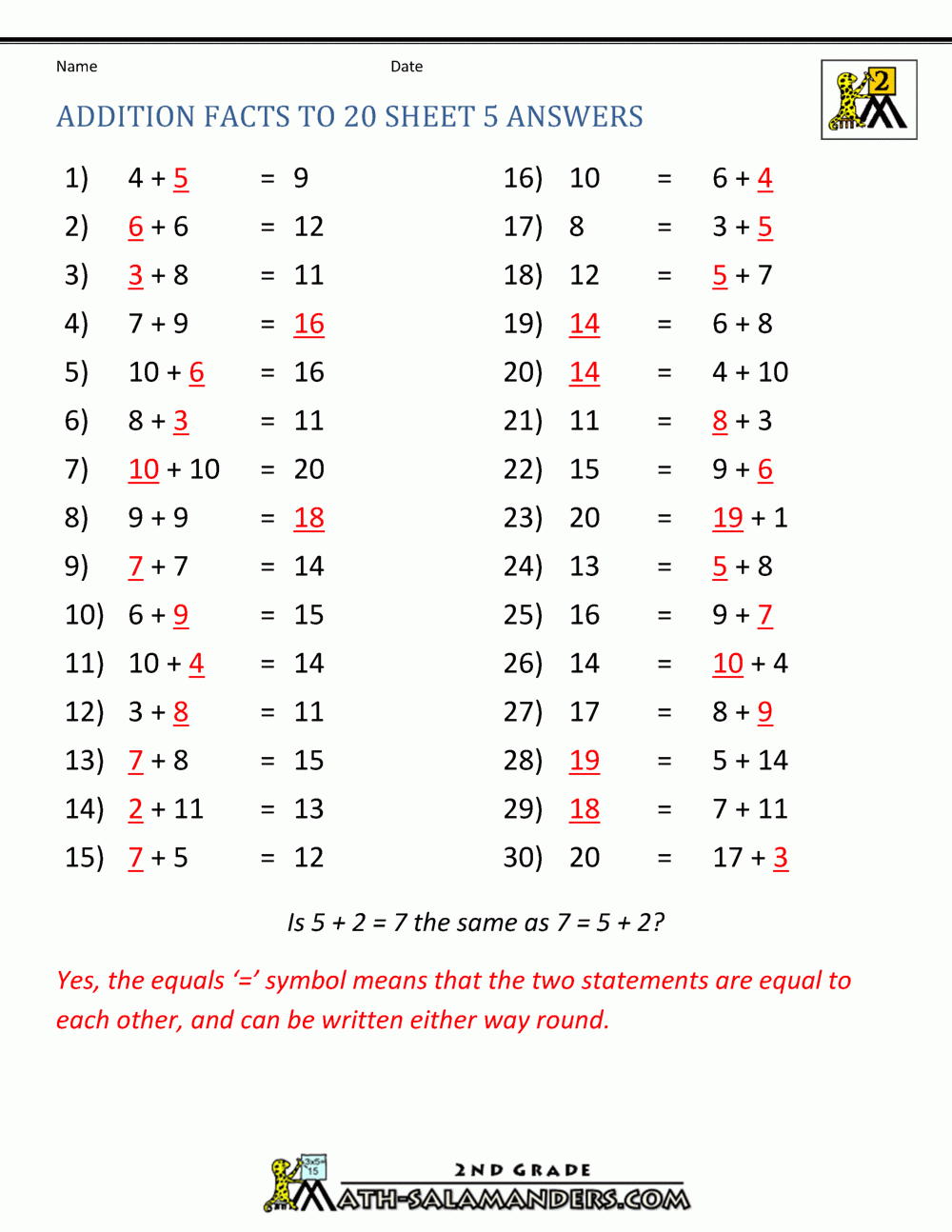 Math Addition Facts To 20
