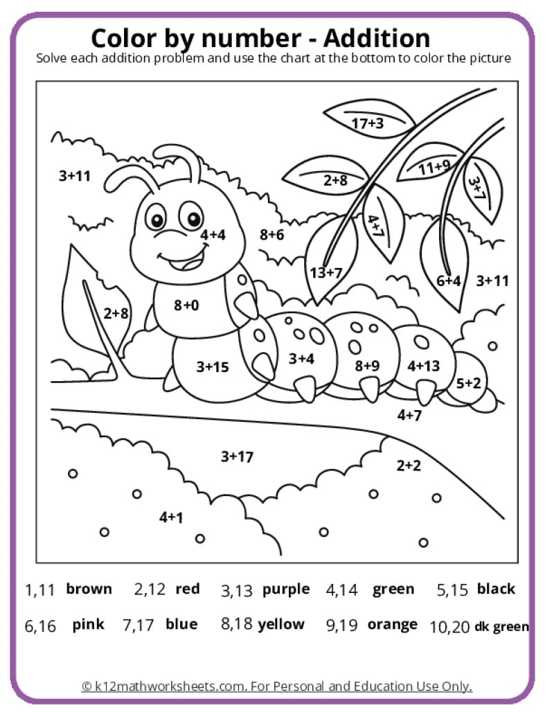 addition worksheets color by number