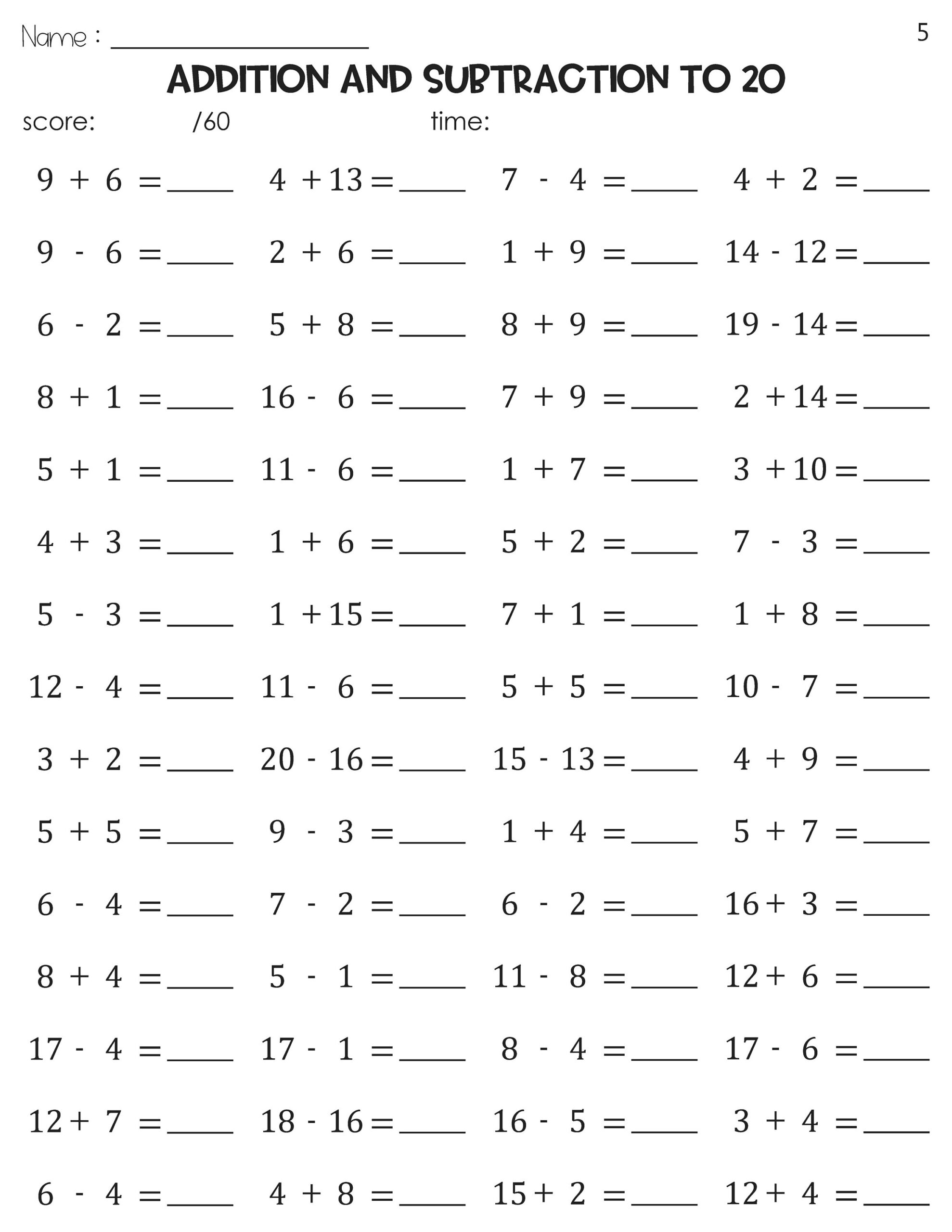 Math Fact Fluency Addition And Subtraction To 20 Timed Tests Practice Etsy