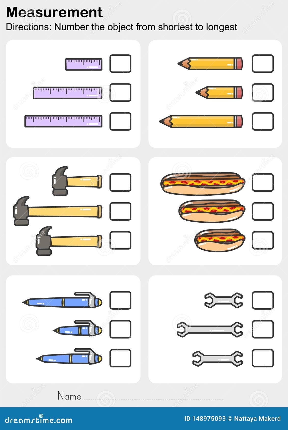 Measurement Worksheet Number The Object From Shortest To Longest Stock Vector Illustration Of Kids Path 148975093