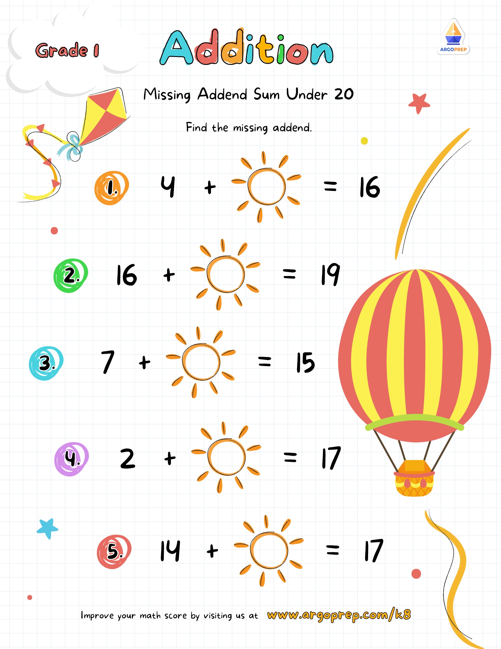 Missing Addend Sums No More Than 20 Grade 1 Addition Worksheets ArgoPrep