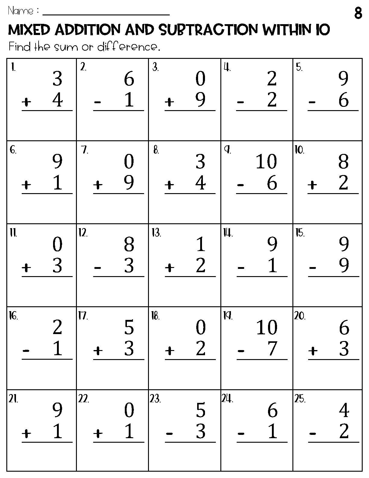 subtraction and addition mixed worksheets