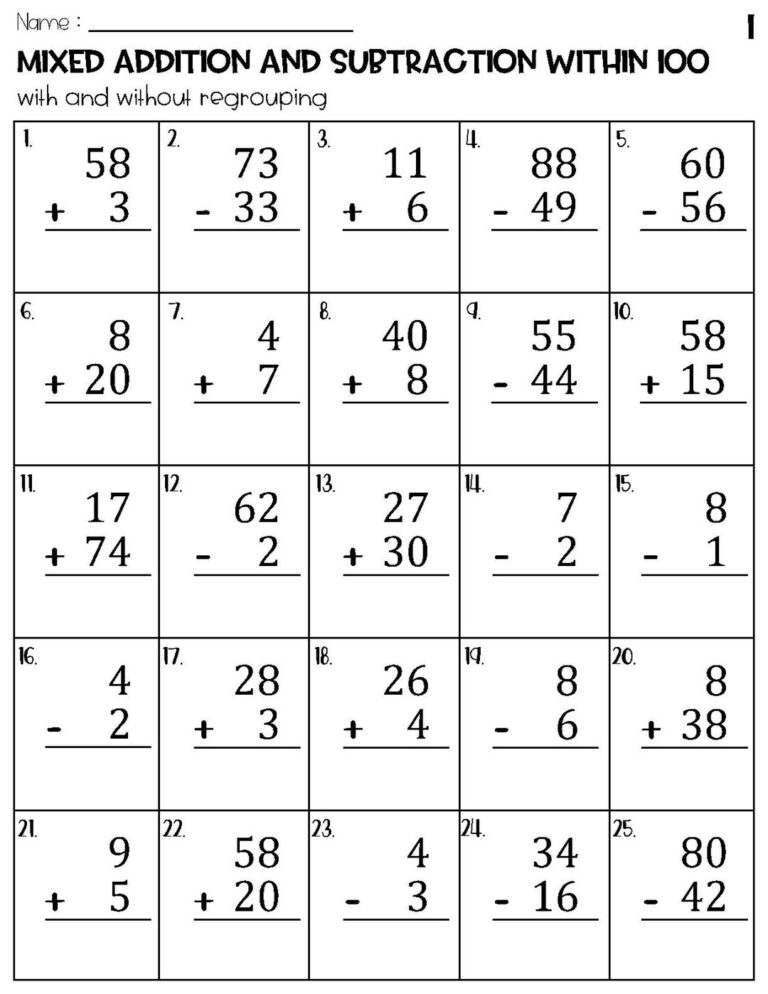 Mixed Addition And Subtraction Within 100 Worksheets Etsy