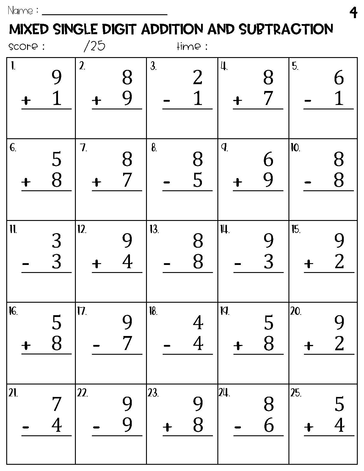 Mixed Single Digit Addition And Subtraction Worksheets Etsy UK