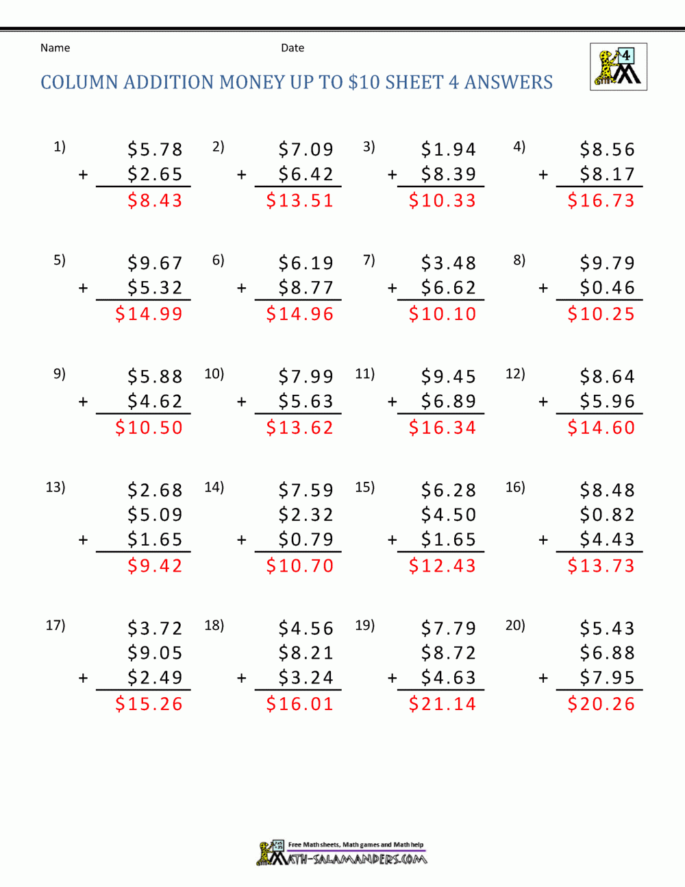 Money Addition To 10 Sheet 4 Answers