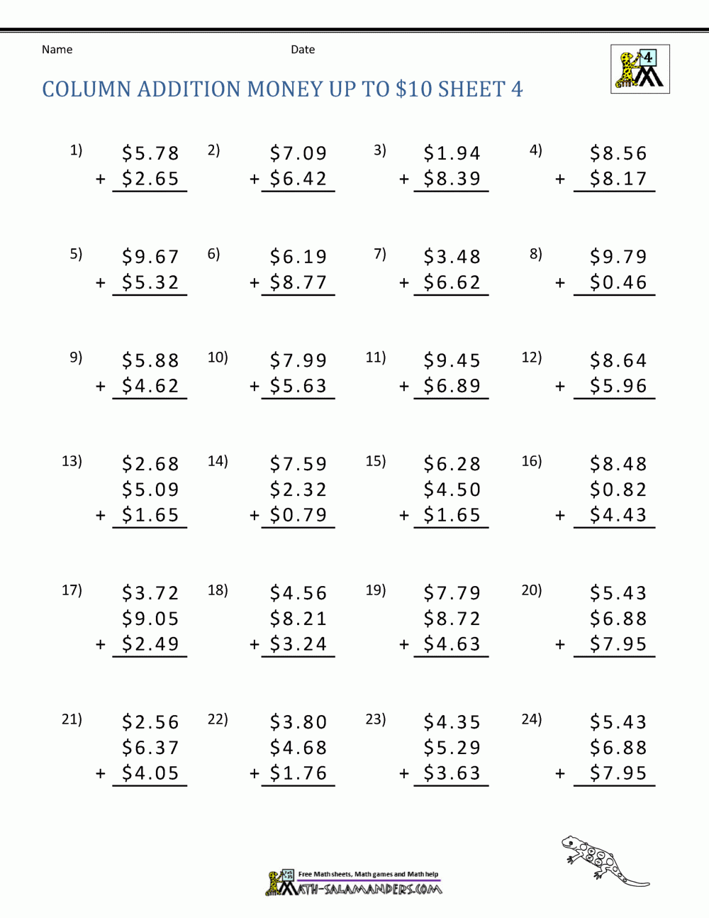 4th grade addition worksheets