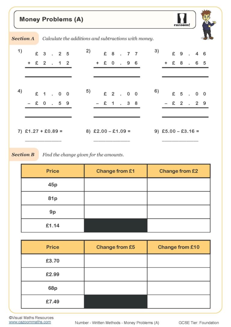 Money Problems A Worksheet Printable PDF Worksheets