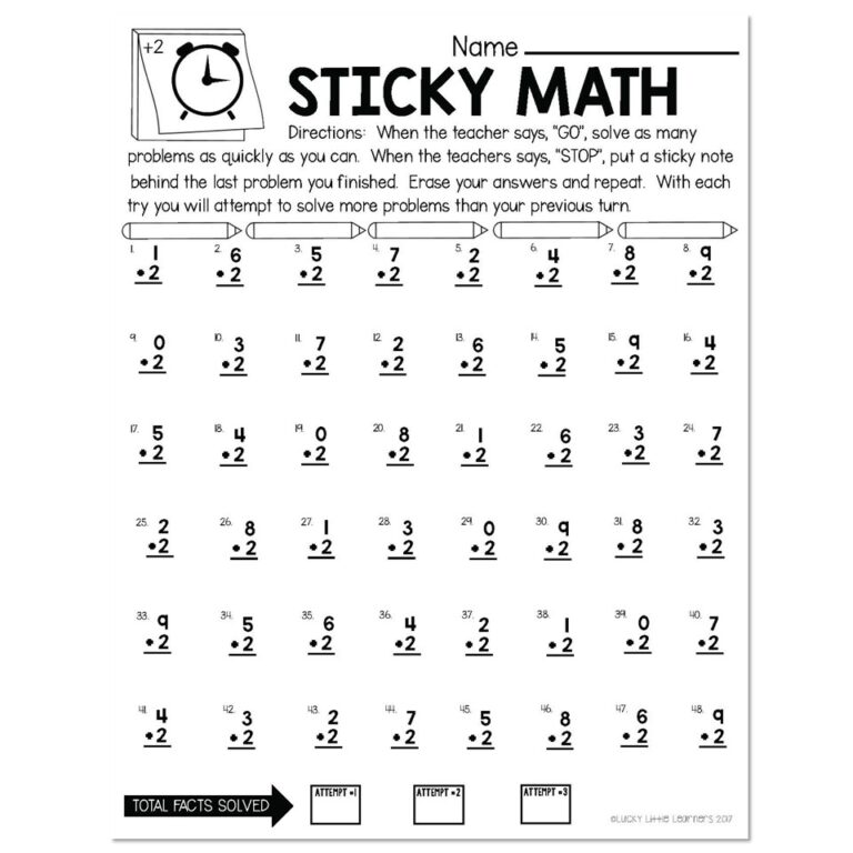 More Sticky Math Fact Practice Addition 2 Version 3 Lucky Little Learners