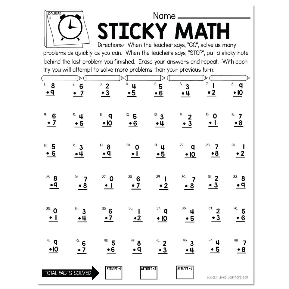 More Sticky Math Fact Practice Addition Doubles 1 Version 2 Lucky Little Learners