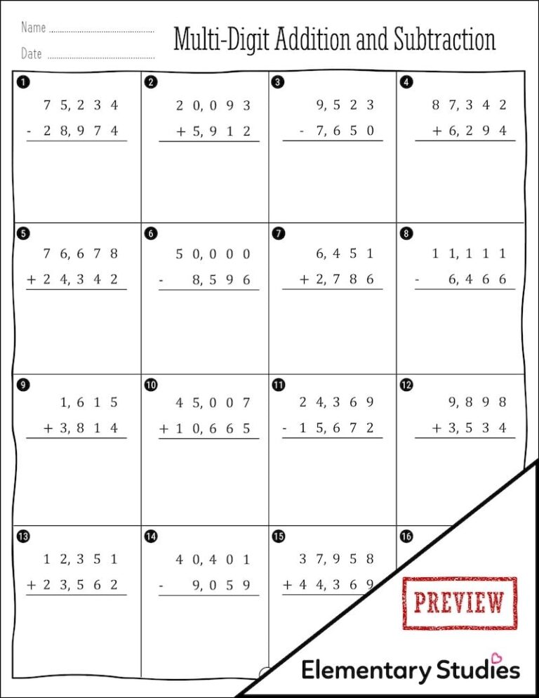 Multi Digit Addition And Subtraction Elementary Studies