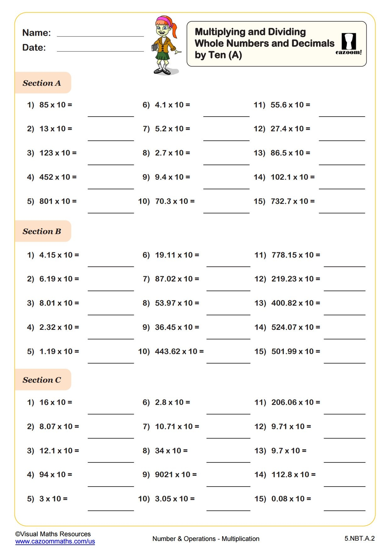 Multiply And Divide Whole Numbers And Decimals By Ten A PDF Printable Number And Operations Worksheets