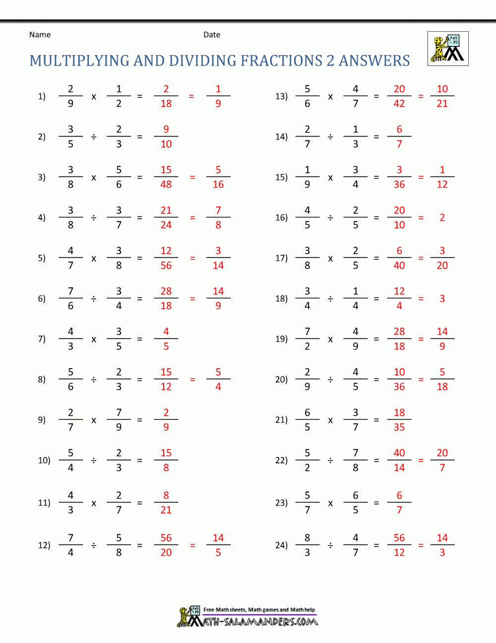 Multiplying And Dividing Fractions