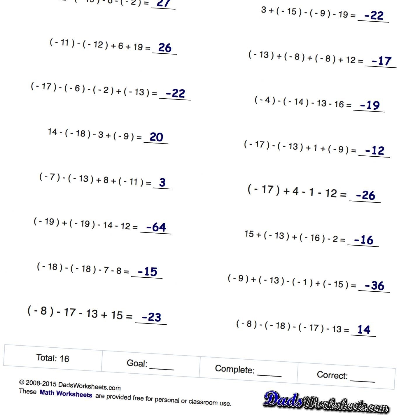 addition and subtraction negative numbers worksheets