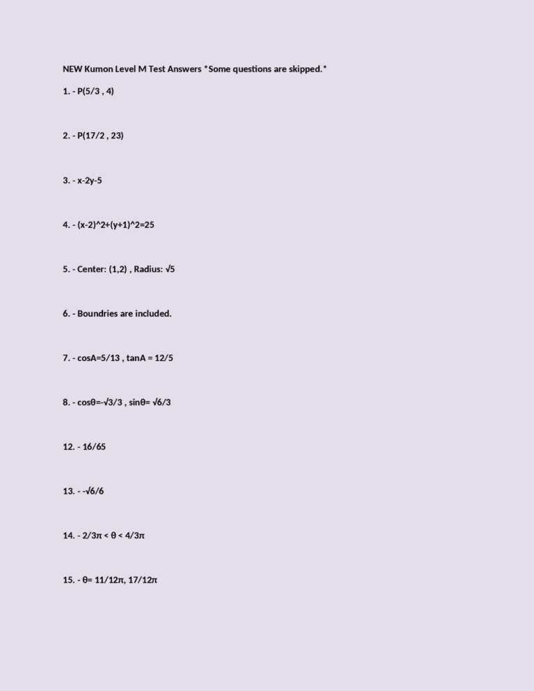 NEW Kumon Level M Test Answers Some Questions Are Skipped Exams Mathematics Docsity