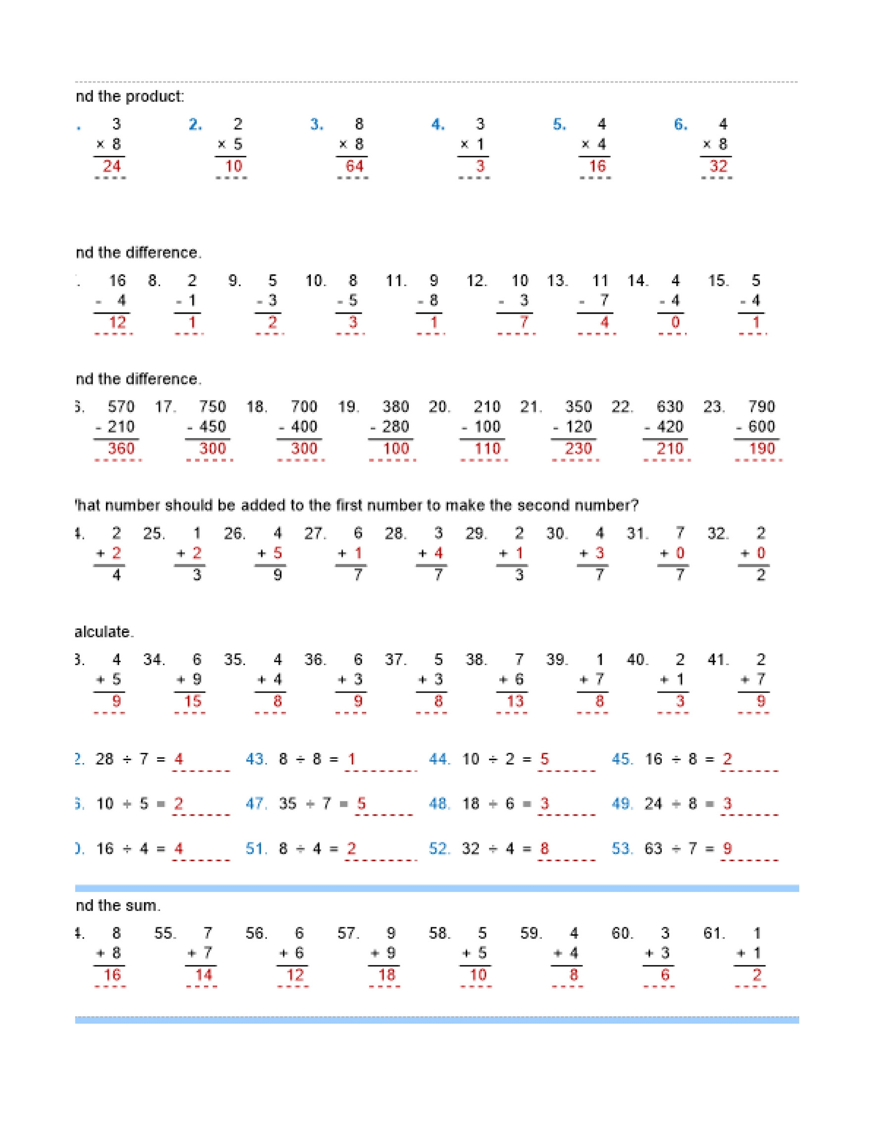 subtraction multiplication addition and division worksheets