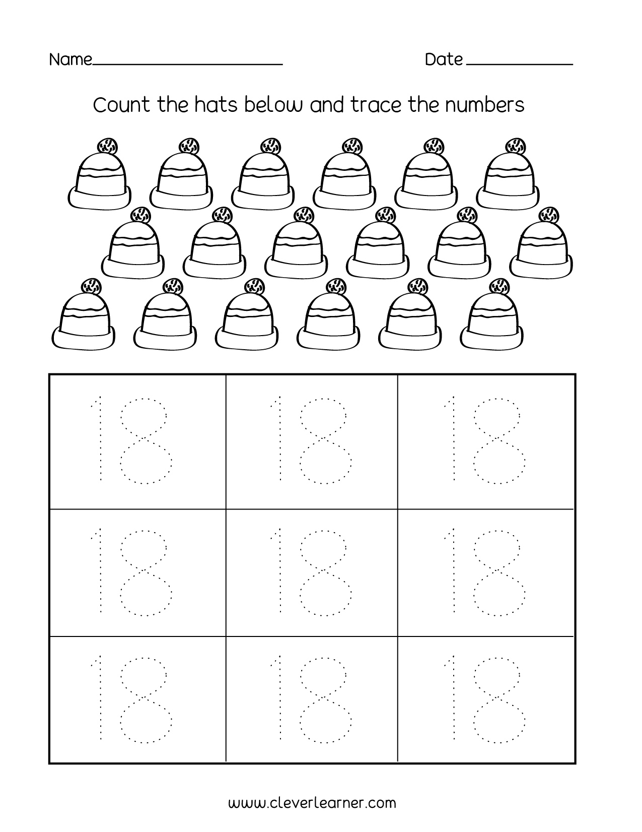 Number 18 Writing Counting And Identification Printable Worksheets For Children
