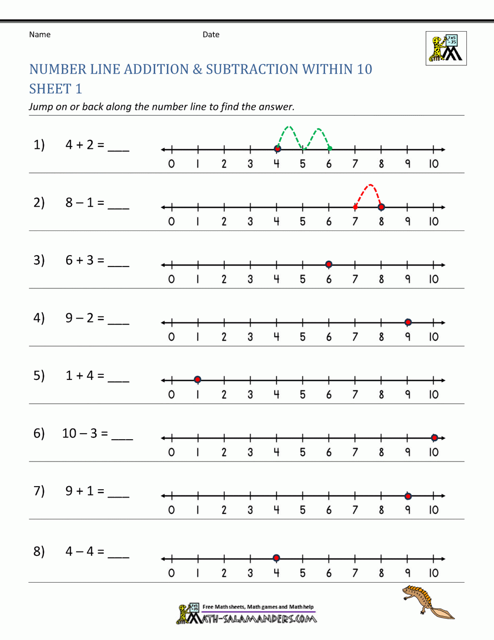 Number Line Addition And Subtraction Worksheets