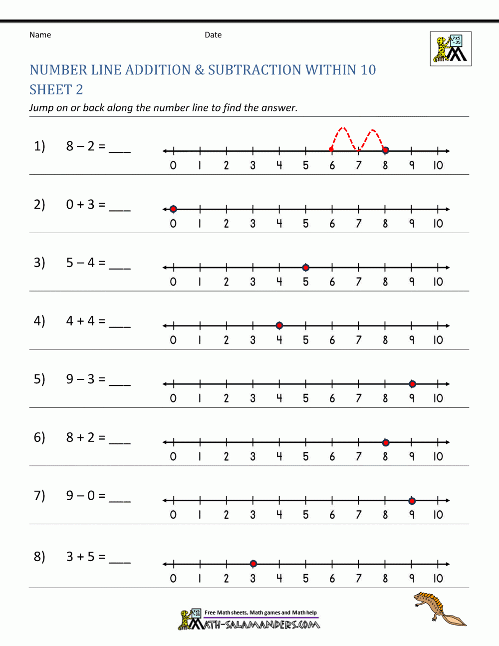 Number Line Addition And Subtraction Worksheets