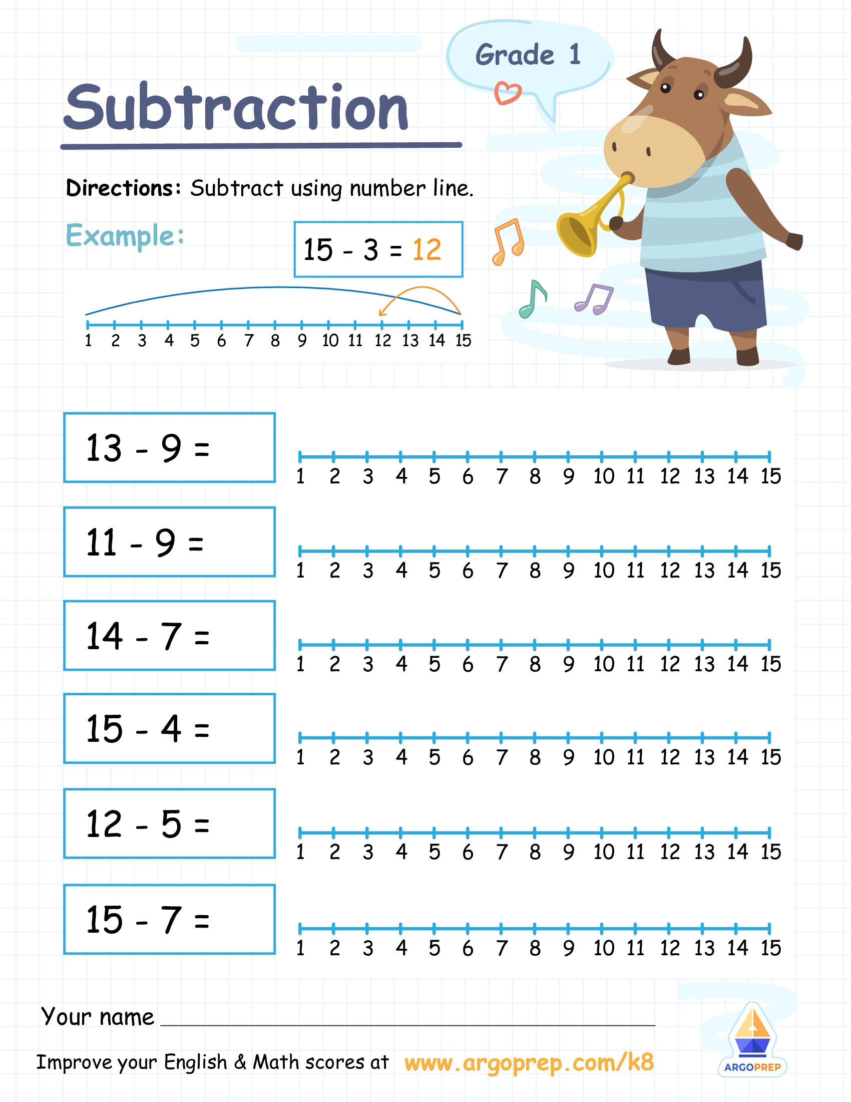 Number Lines Subtraction 1st Grade Worksheets ArgoPrep