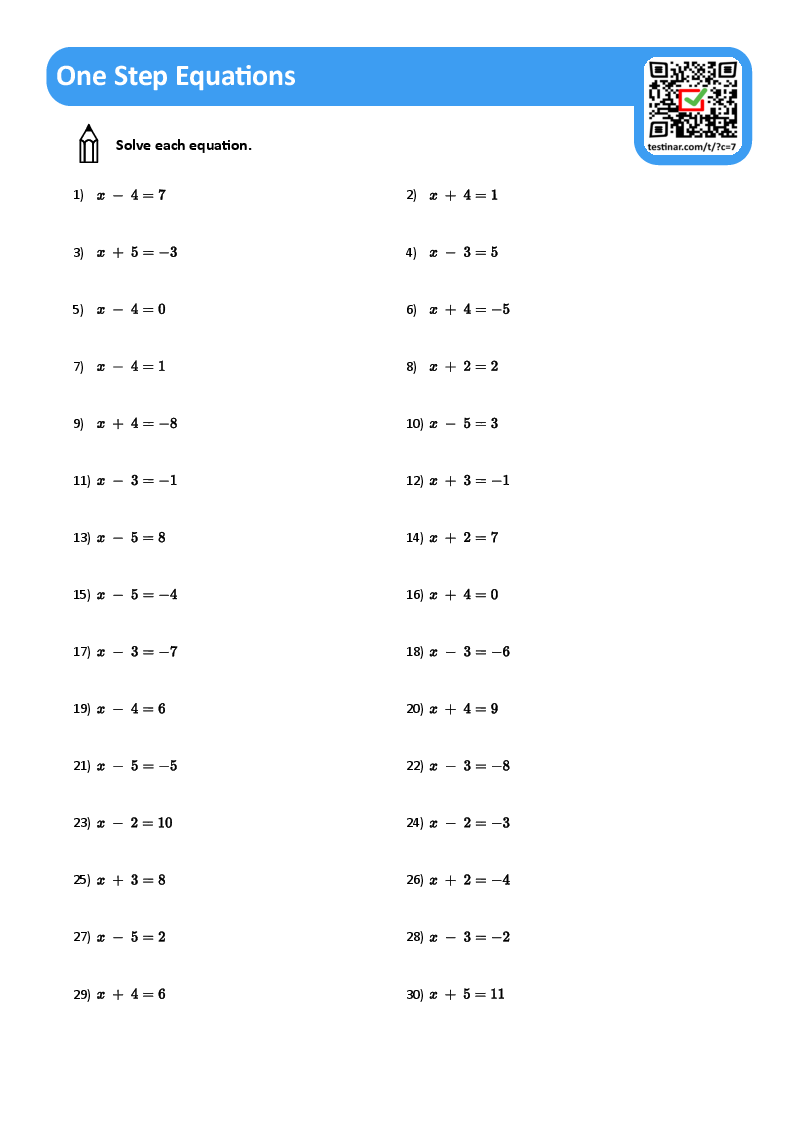 one step equations worksheet