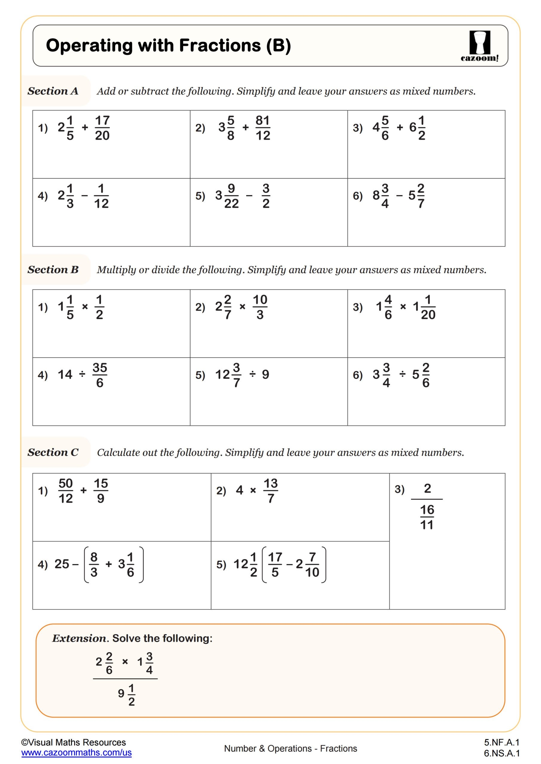 addition subtraction multiplication division fractions worksheets
