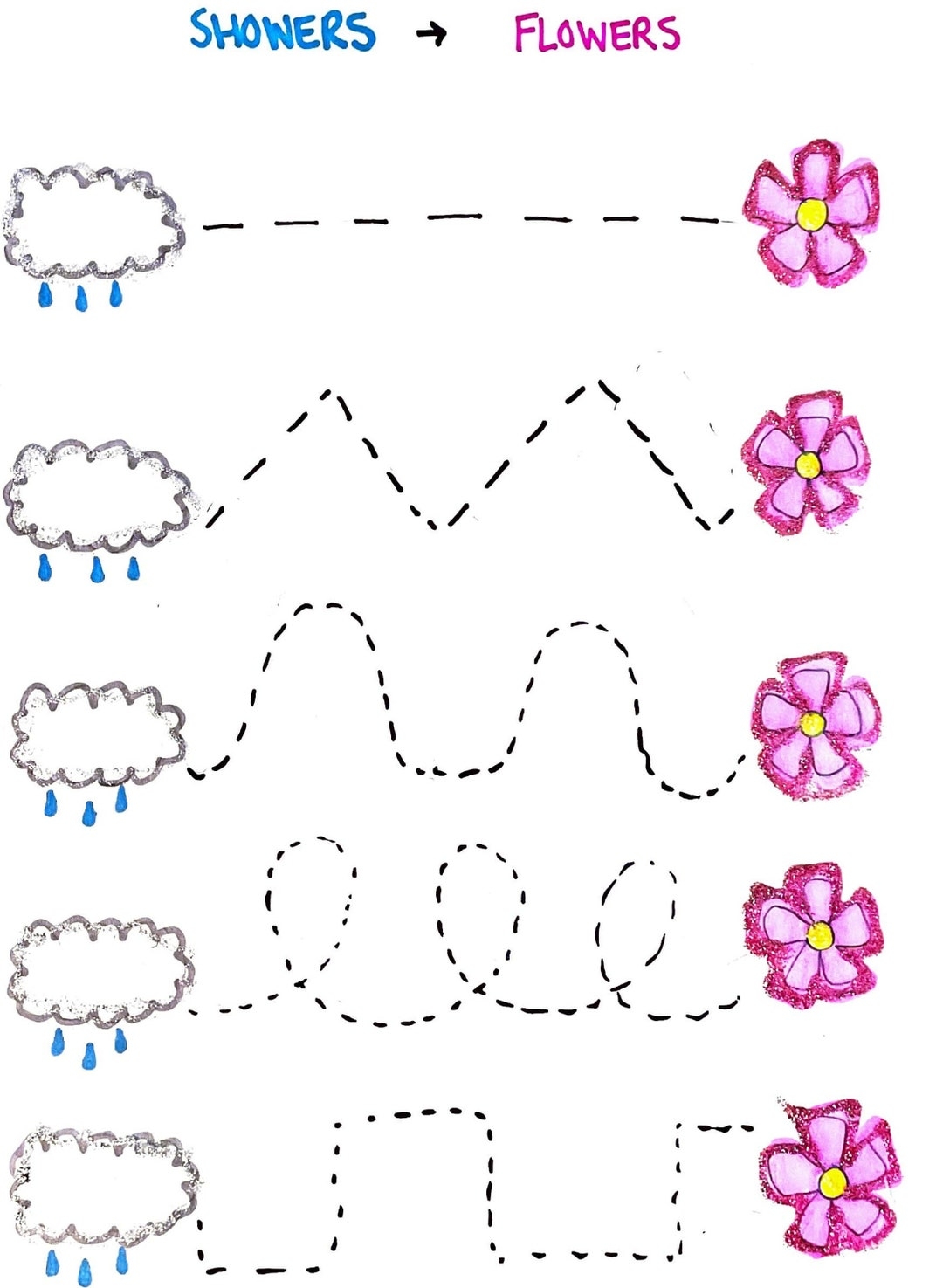 Pre writing Tracing Worksheet April Showers May Flowers Preschool Toddlers Homeschool Etsy