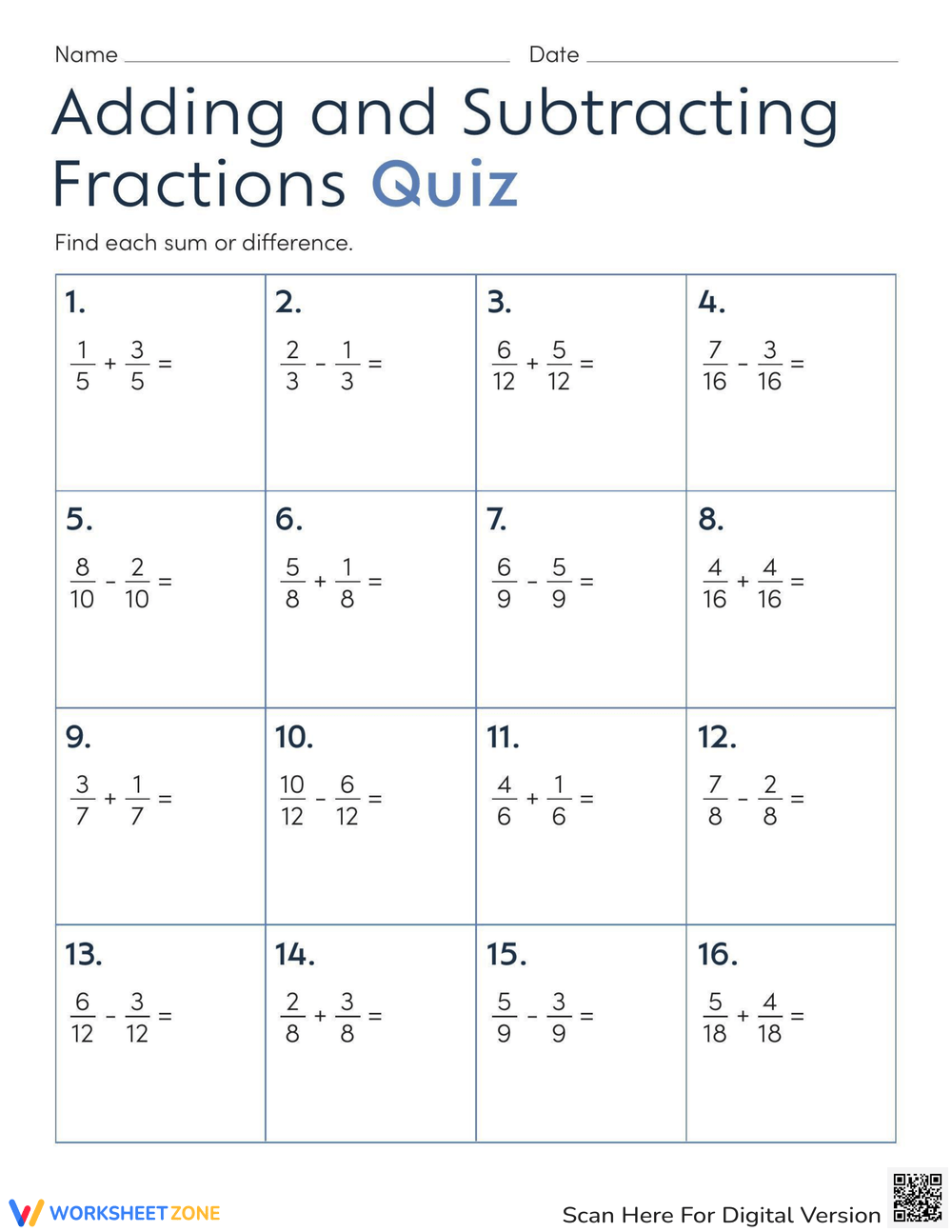 fractions addition and subtraction worksheets