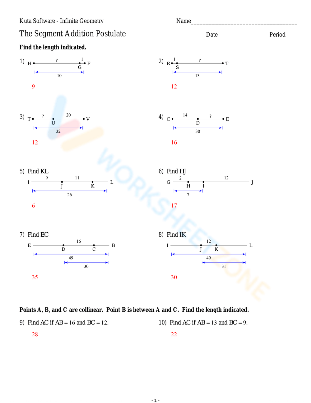 Printable Grade 7 Segment Addition Postulate Worksheets