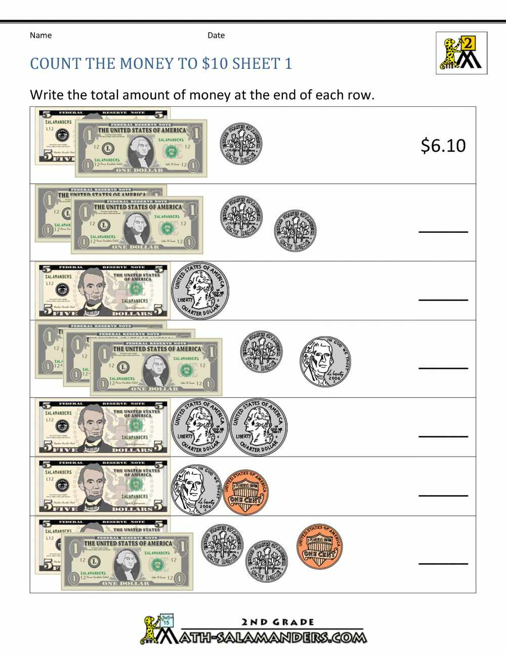money addition worksheets