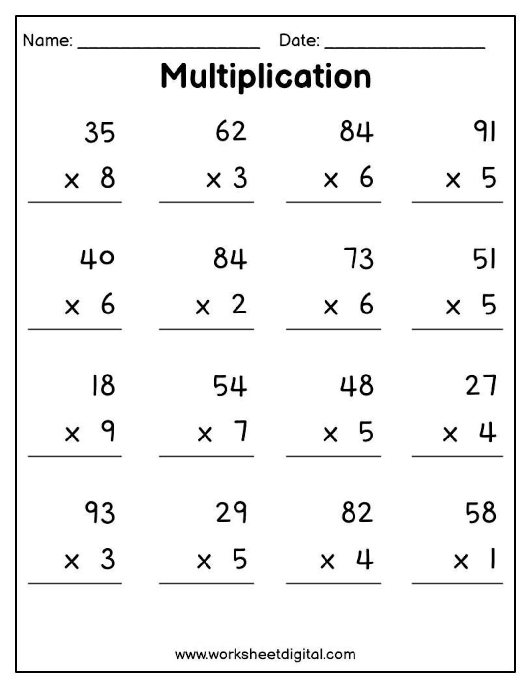 Printable Multiplication Worksheets Multiplying Worksheets 2 Digit By 1 Digit Year 1 6 Homeschool Homework Practice Etsy
