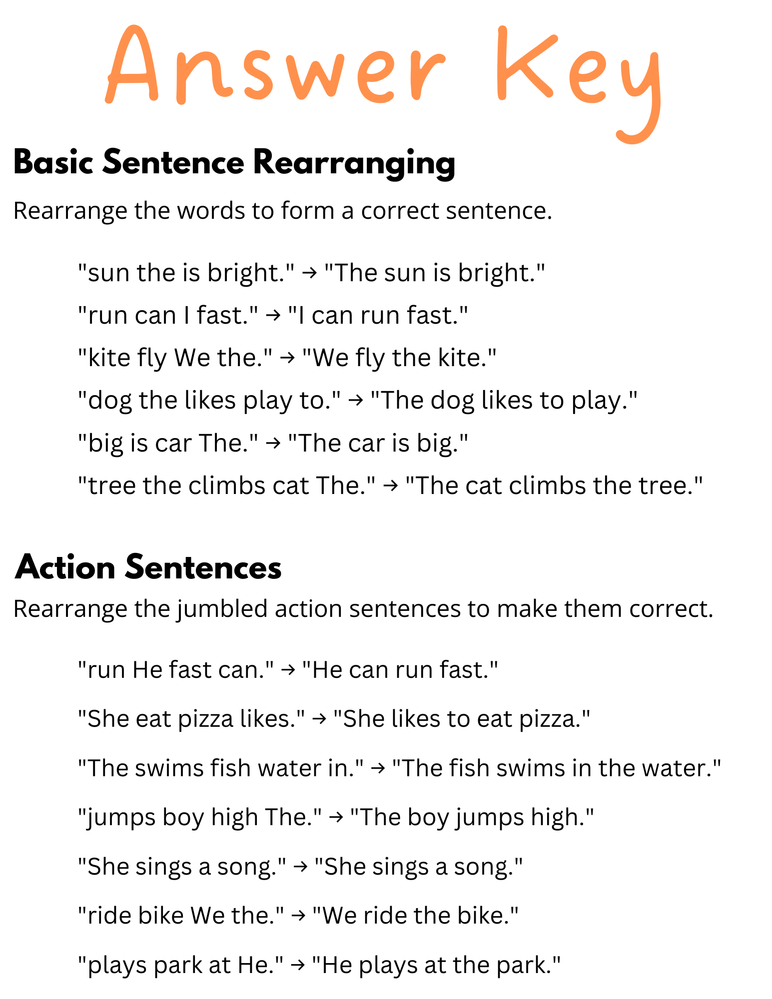 Printable Simple Rearrange Sentences Worksheet For Grade 1 With Answers Made By Teachers