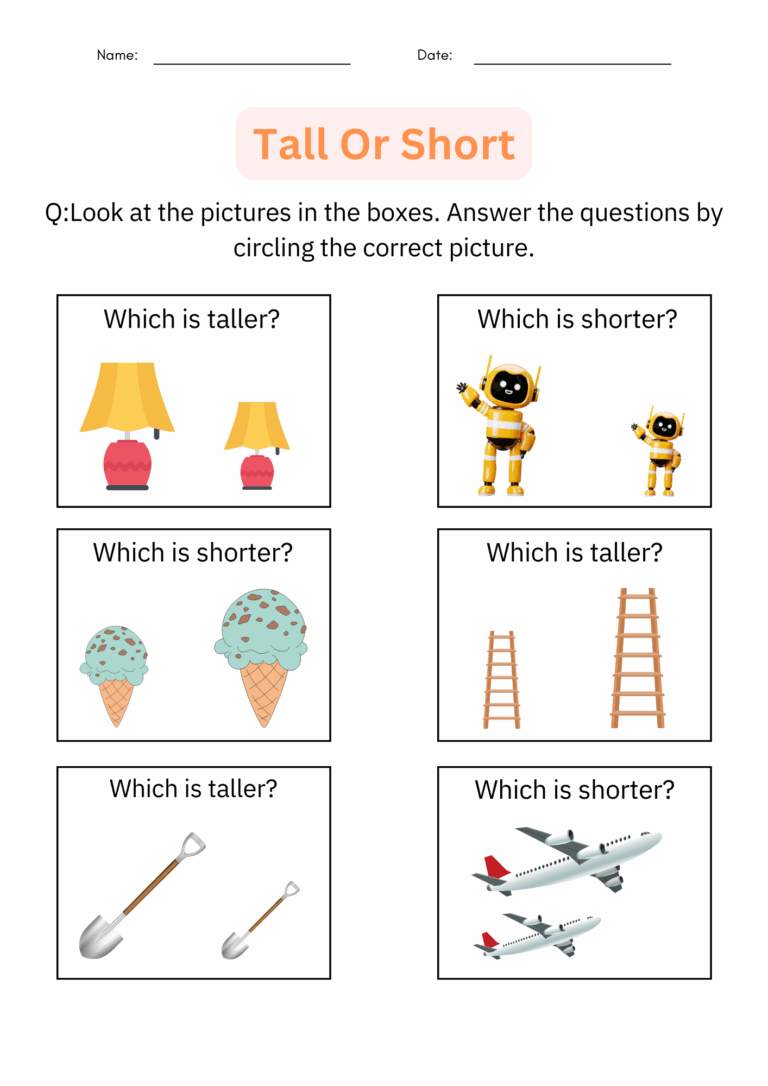 Printable Tall And Short Worksheets Tall Or Short Activities For Grade 1 2 3 Made By Teachers