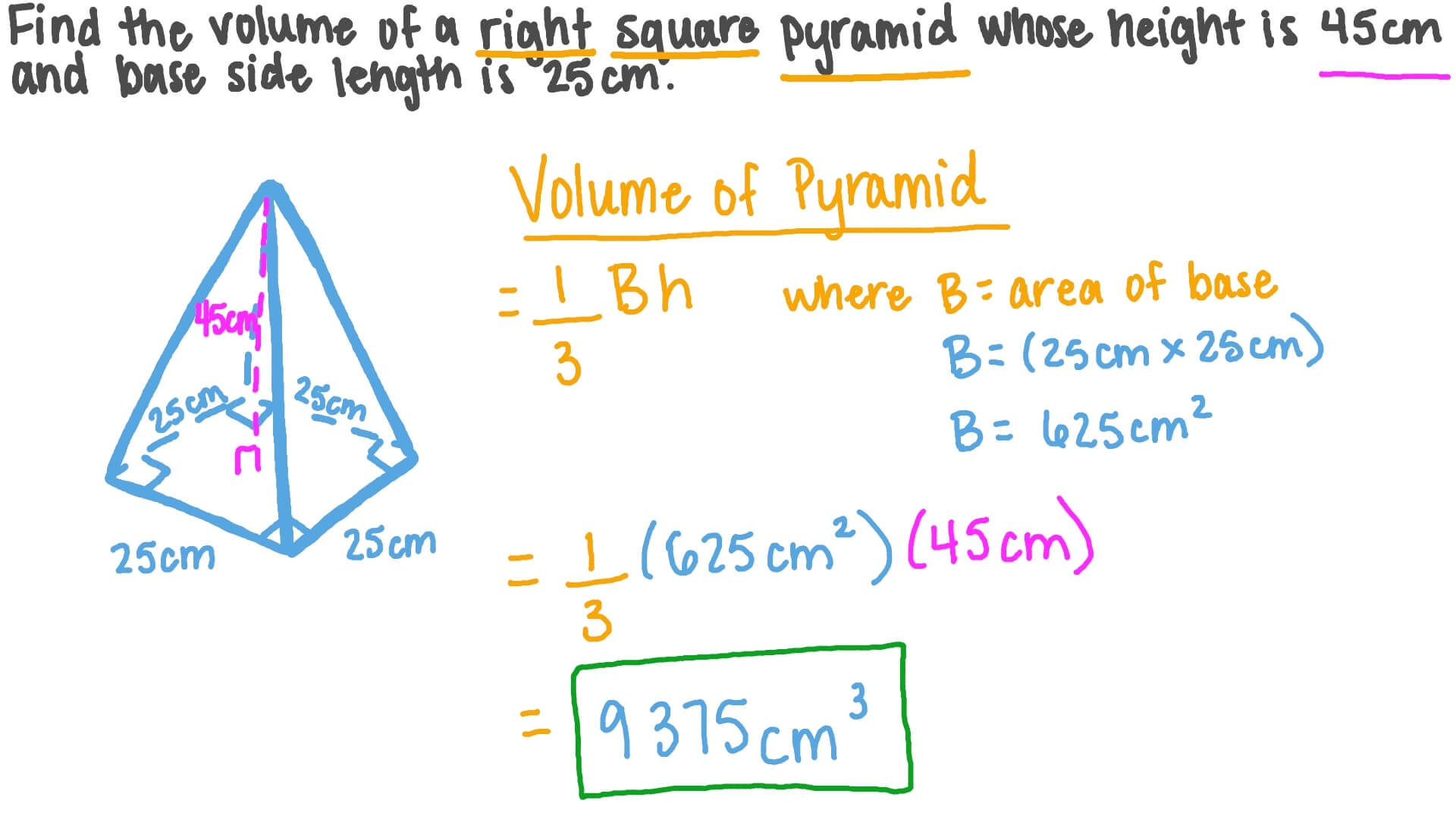 Question Video Finding The Volume Of A Right Square Pyramid Given Its Height And Its Base Side Length Nagwa