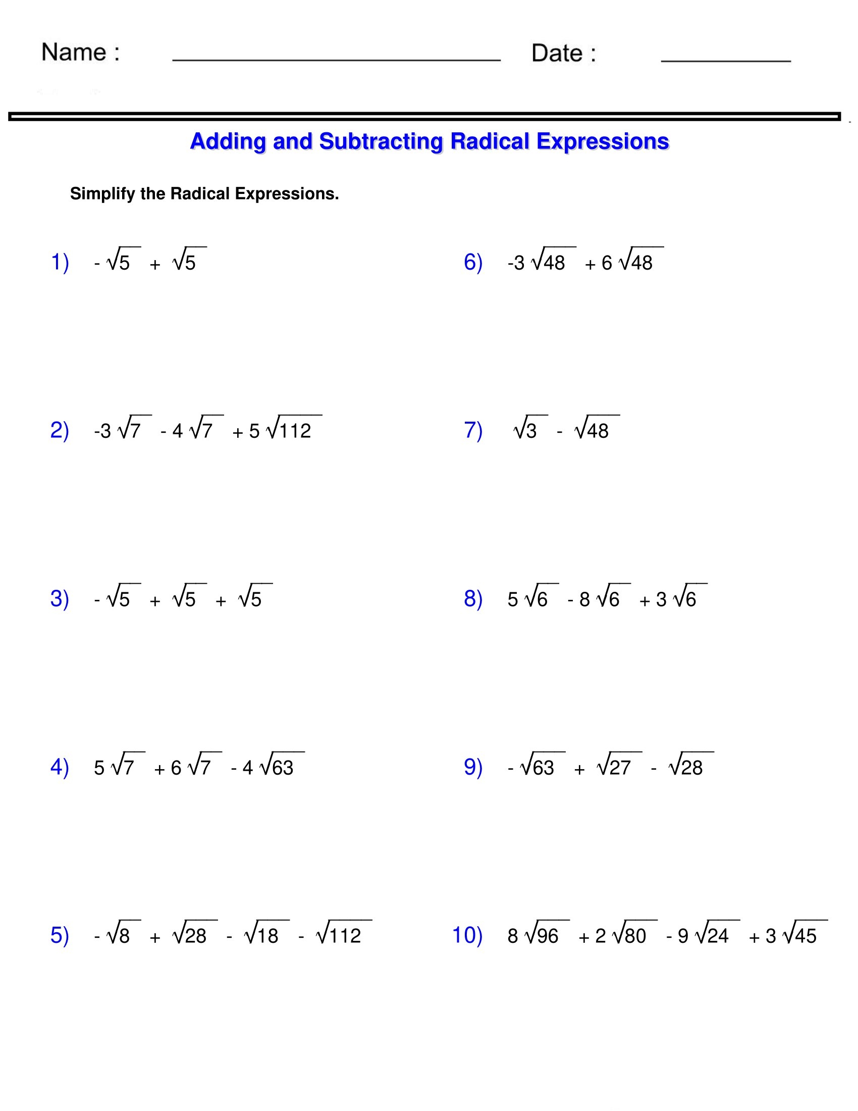 Radicals Worksheets Adding And Subtracting Radical Expressions Made By Teachers