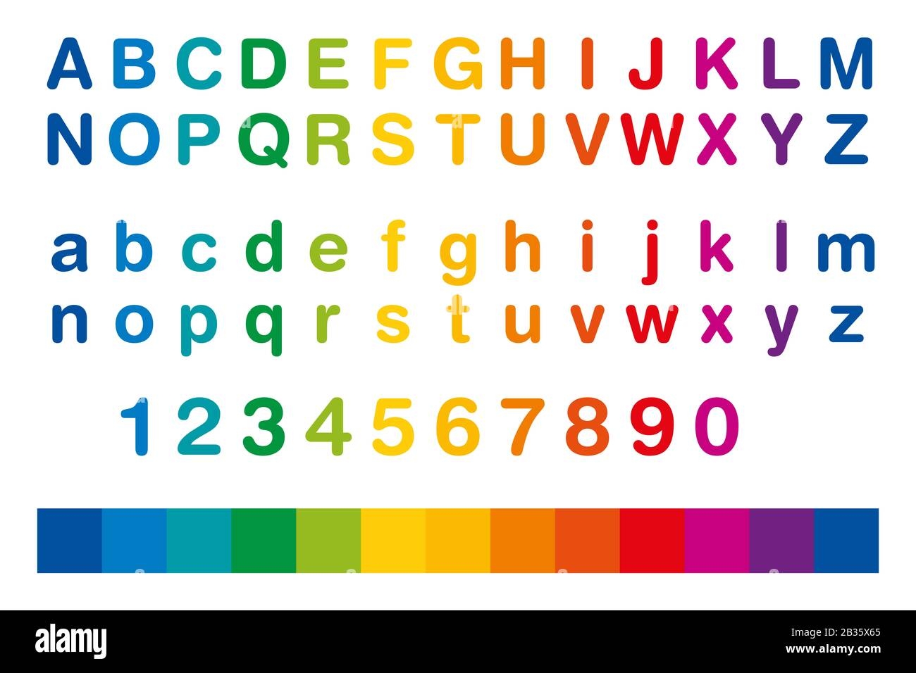 Rainbow Colored Alphabet And Numbers In A Row Standard Set Of Letters From A To Z In Upper And Lower Case Also The Ten Numbers From One To Zero Stock Photo 