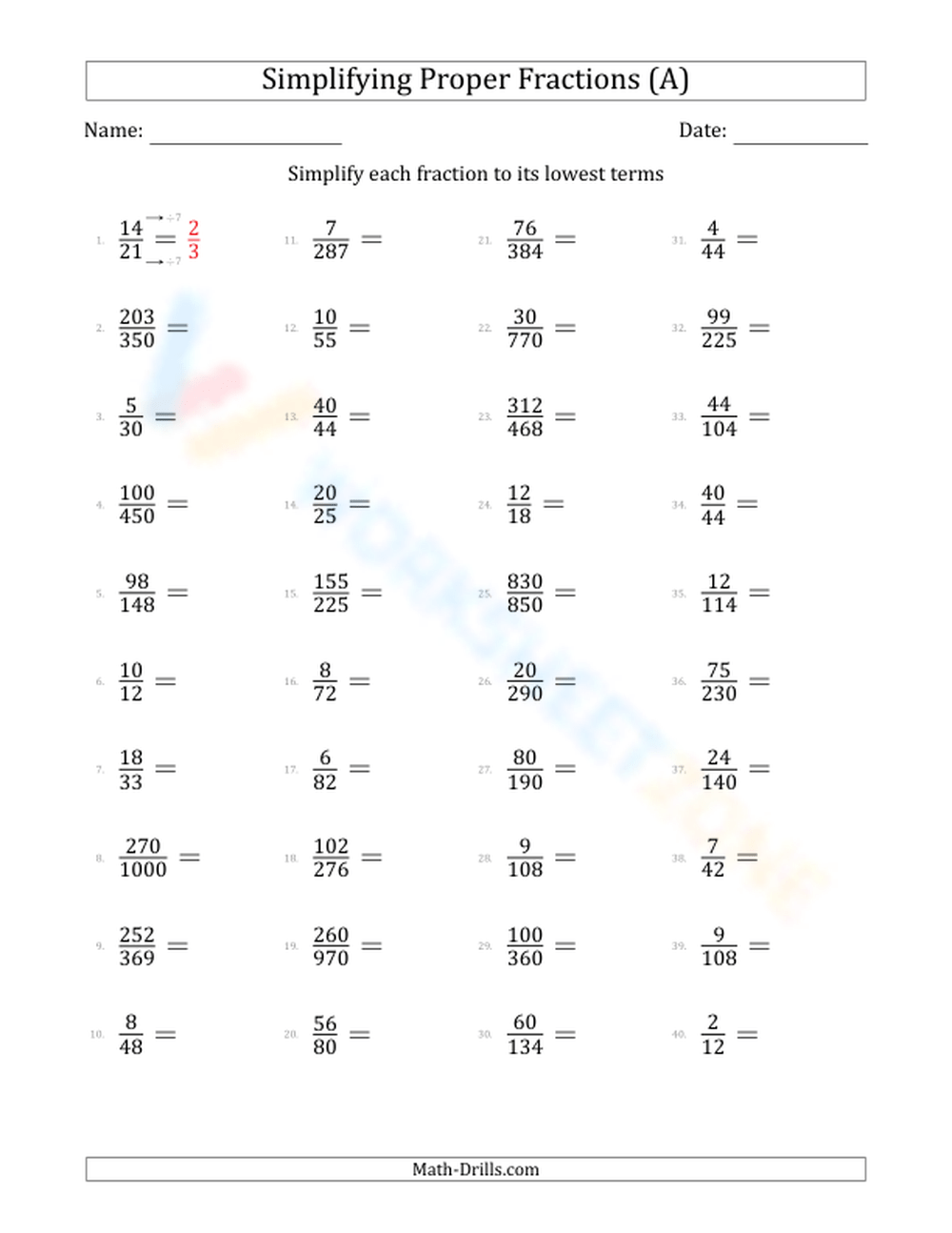 Simplify Fractions hard 1 Worksheet
