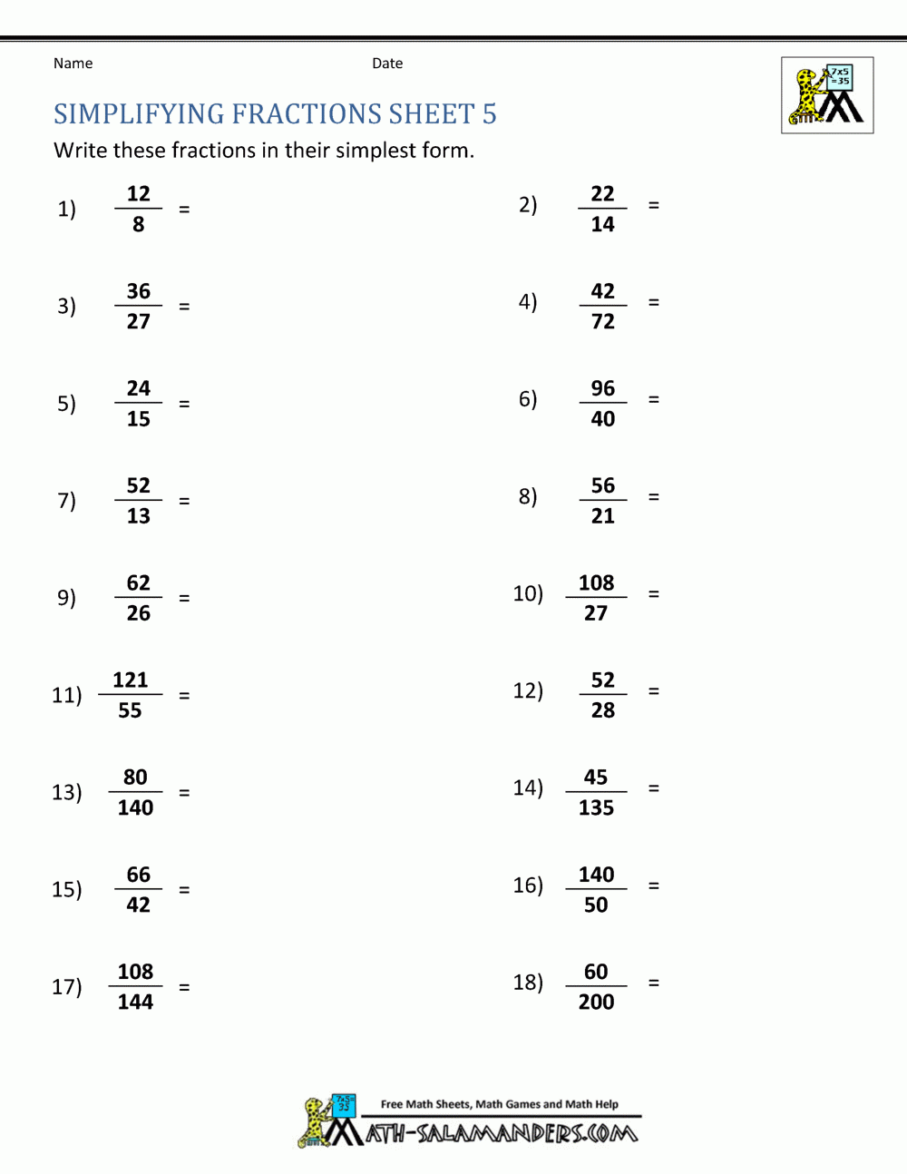 Simplifying Fractions Worksheet