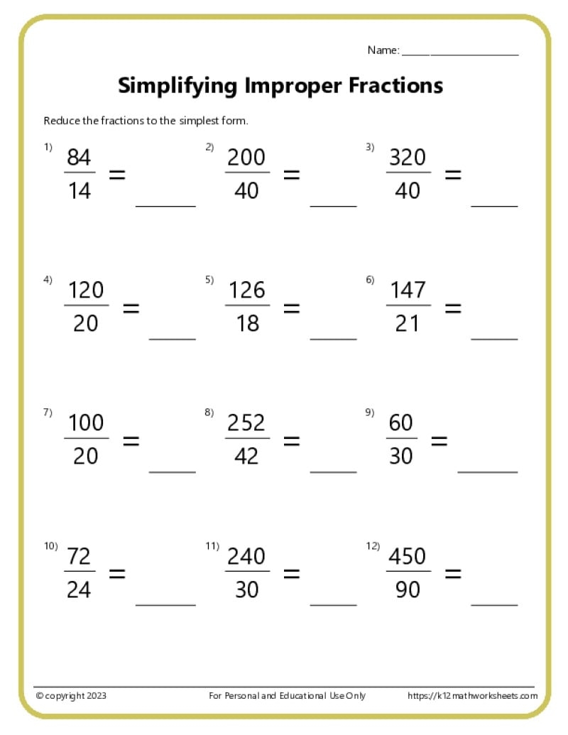 simplifying fractions activity sheet