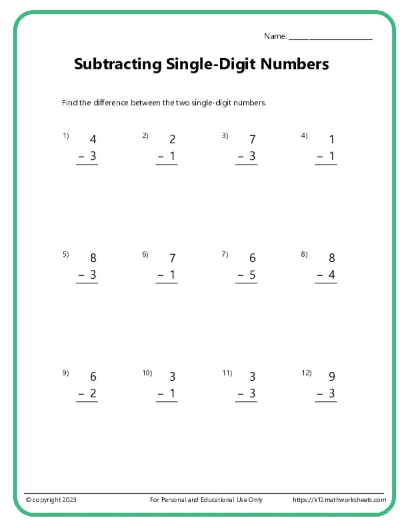 one digit addition and subtraction worksheets