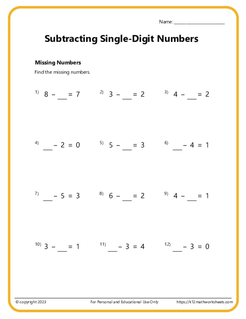 single digit addition subtraction worksheets