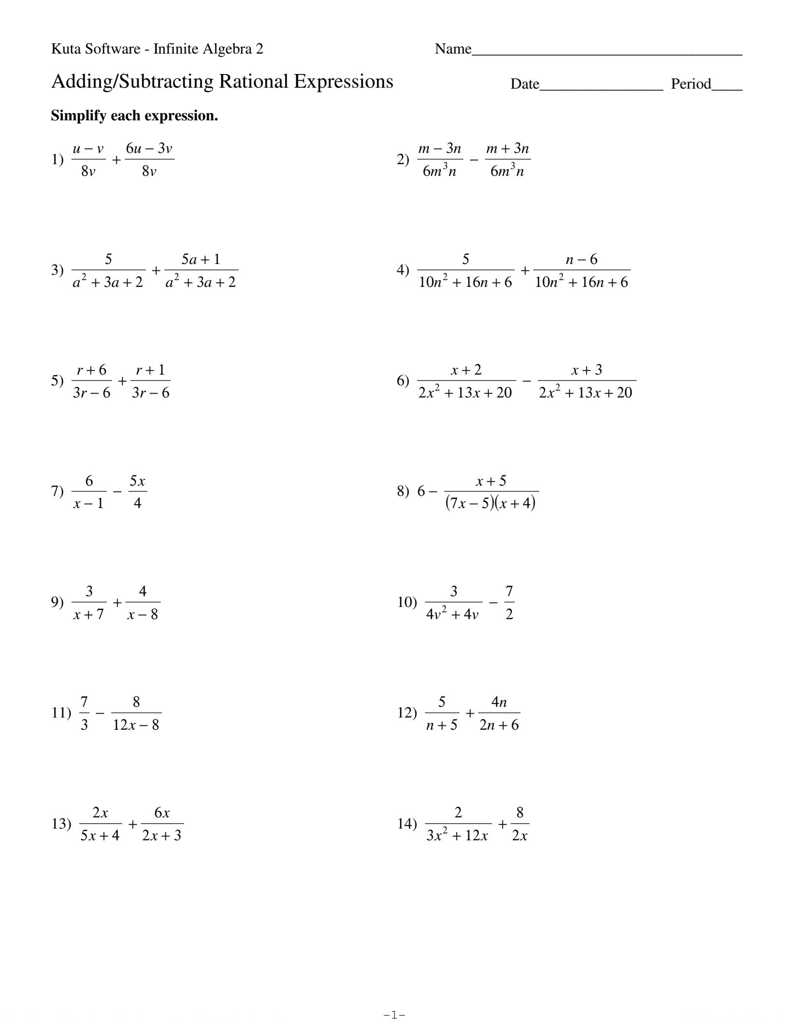 SOLUTION Adding And Subtracting Rational Expressions Studypool Worksheets Library
