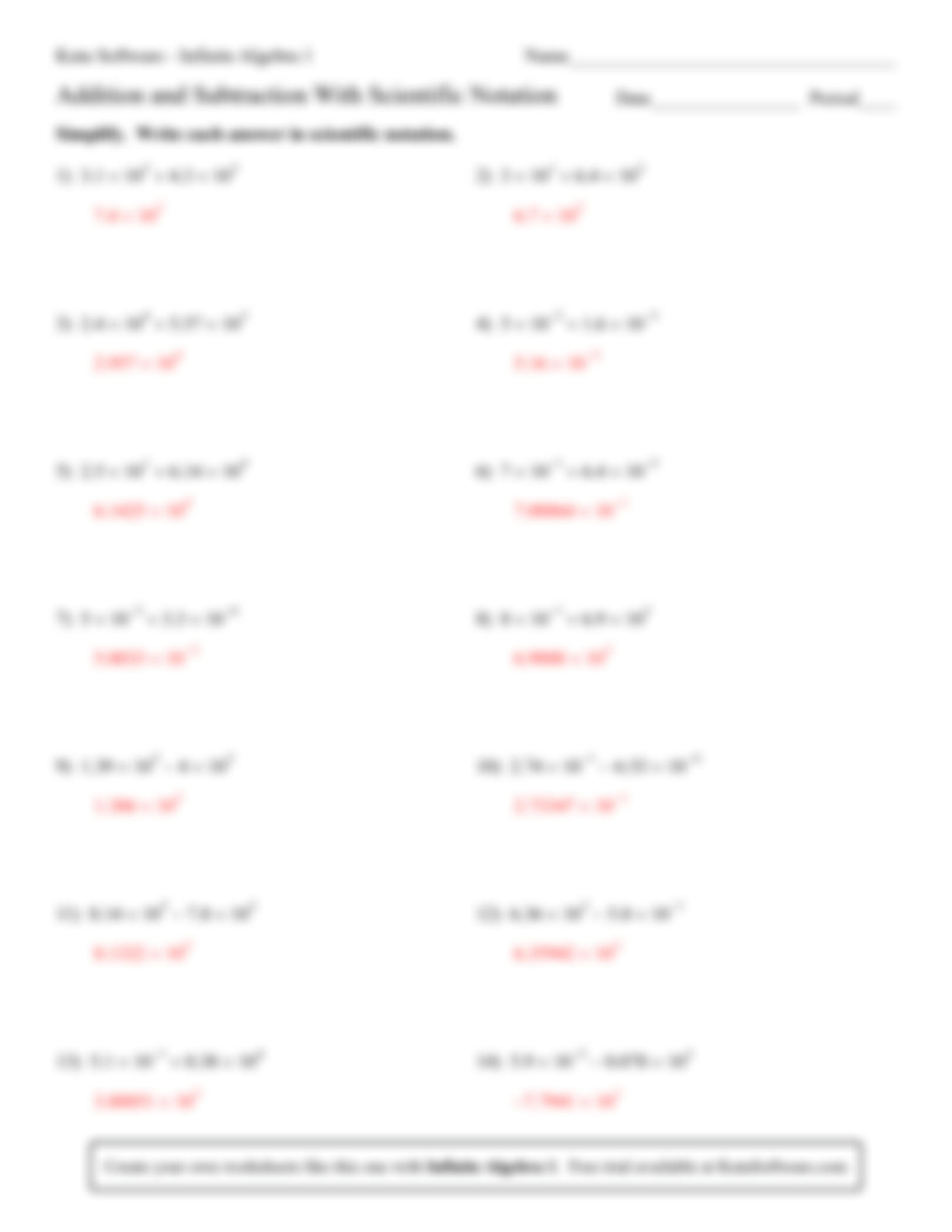 scientific notation addition and subtraction worksheet