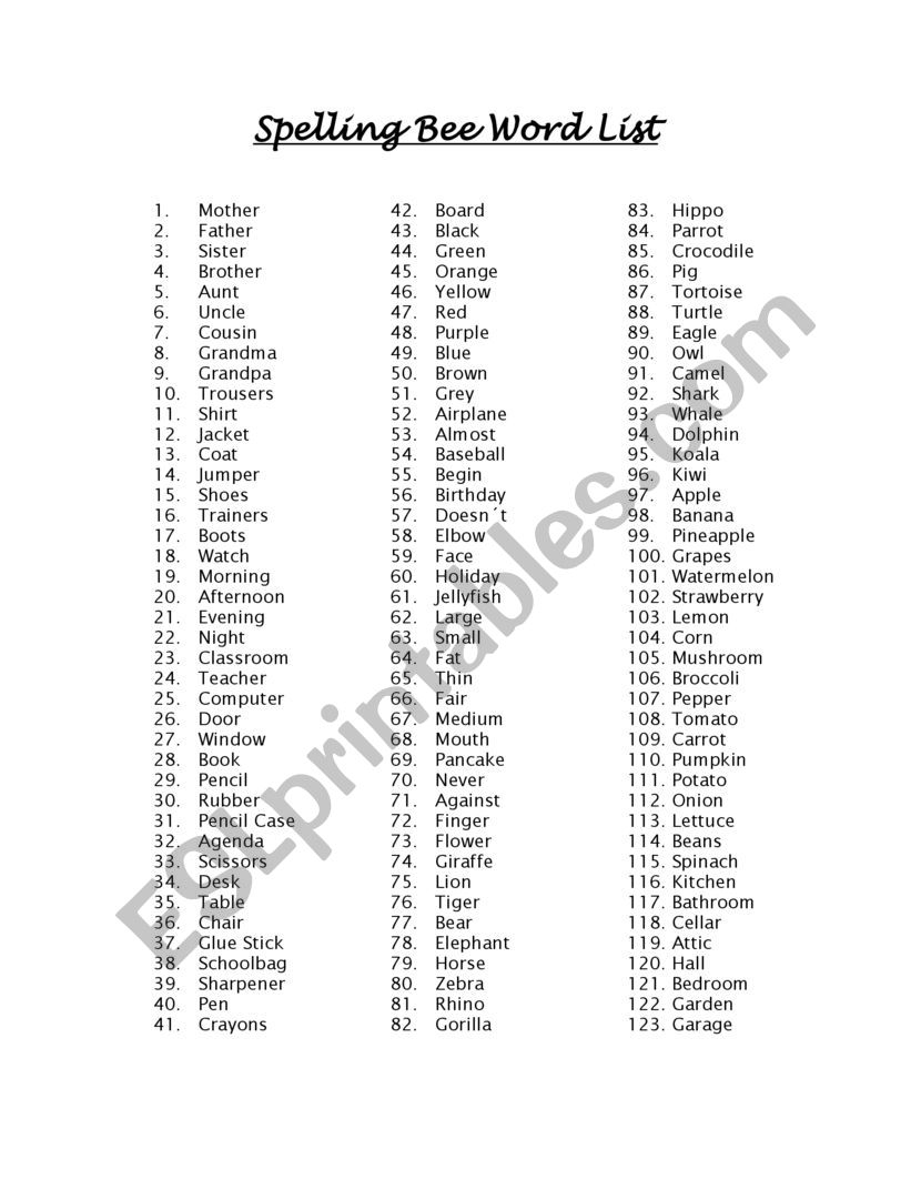 Spelling Bee Word List ESL Worksheet By Khrystyle