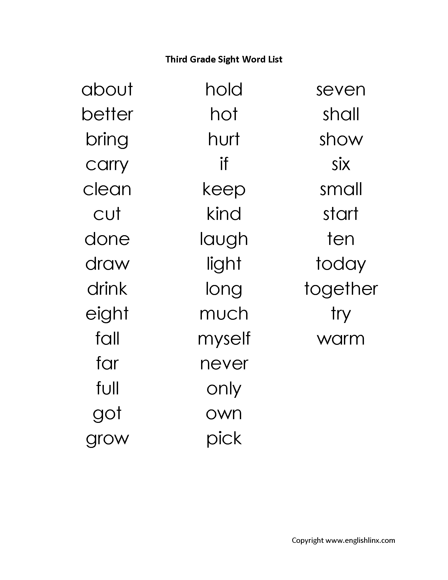 third grade spelling words