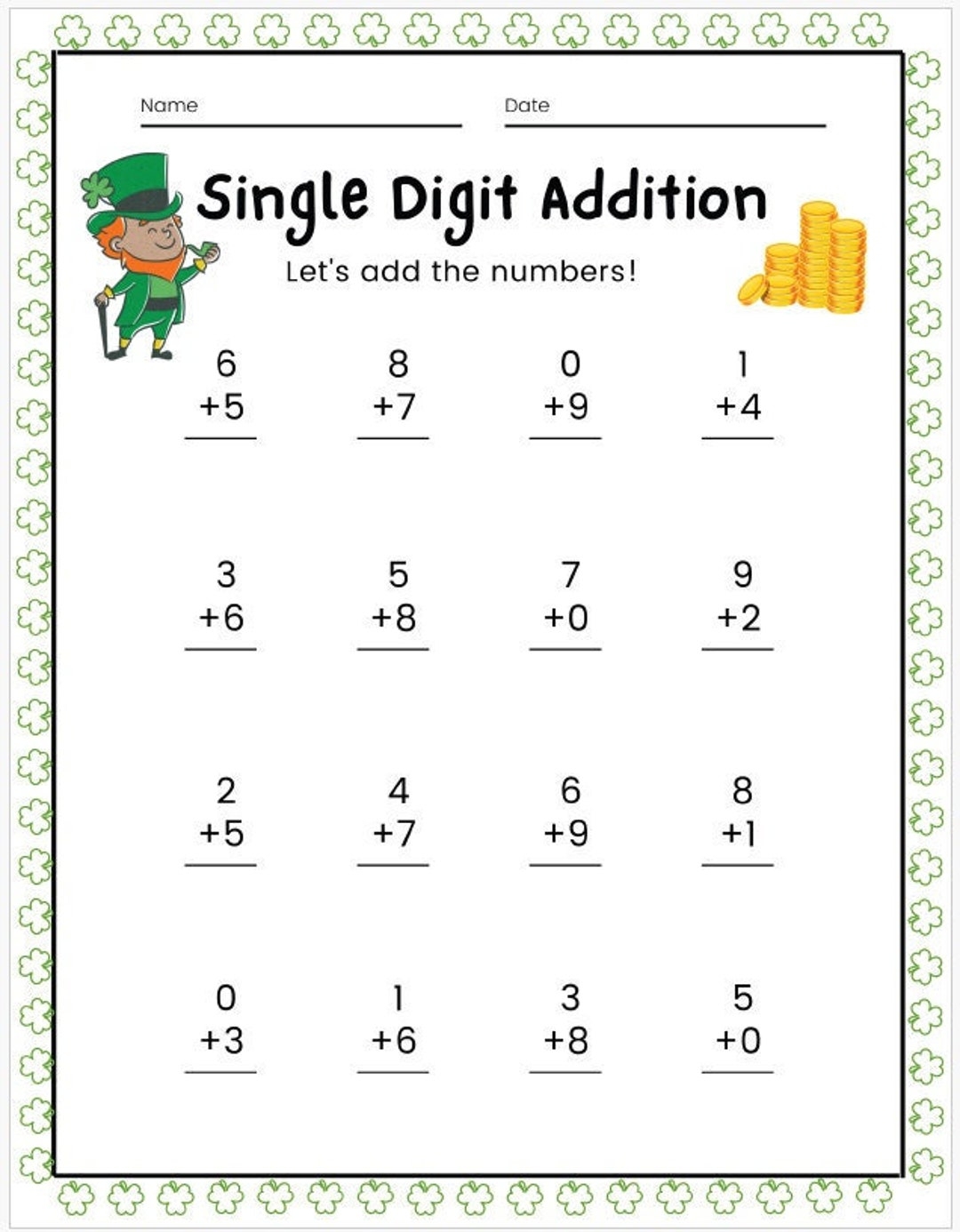 St Patrick s Day Single digit Addition Math Worksheets Printable PDF set Of 5 Etsy